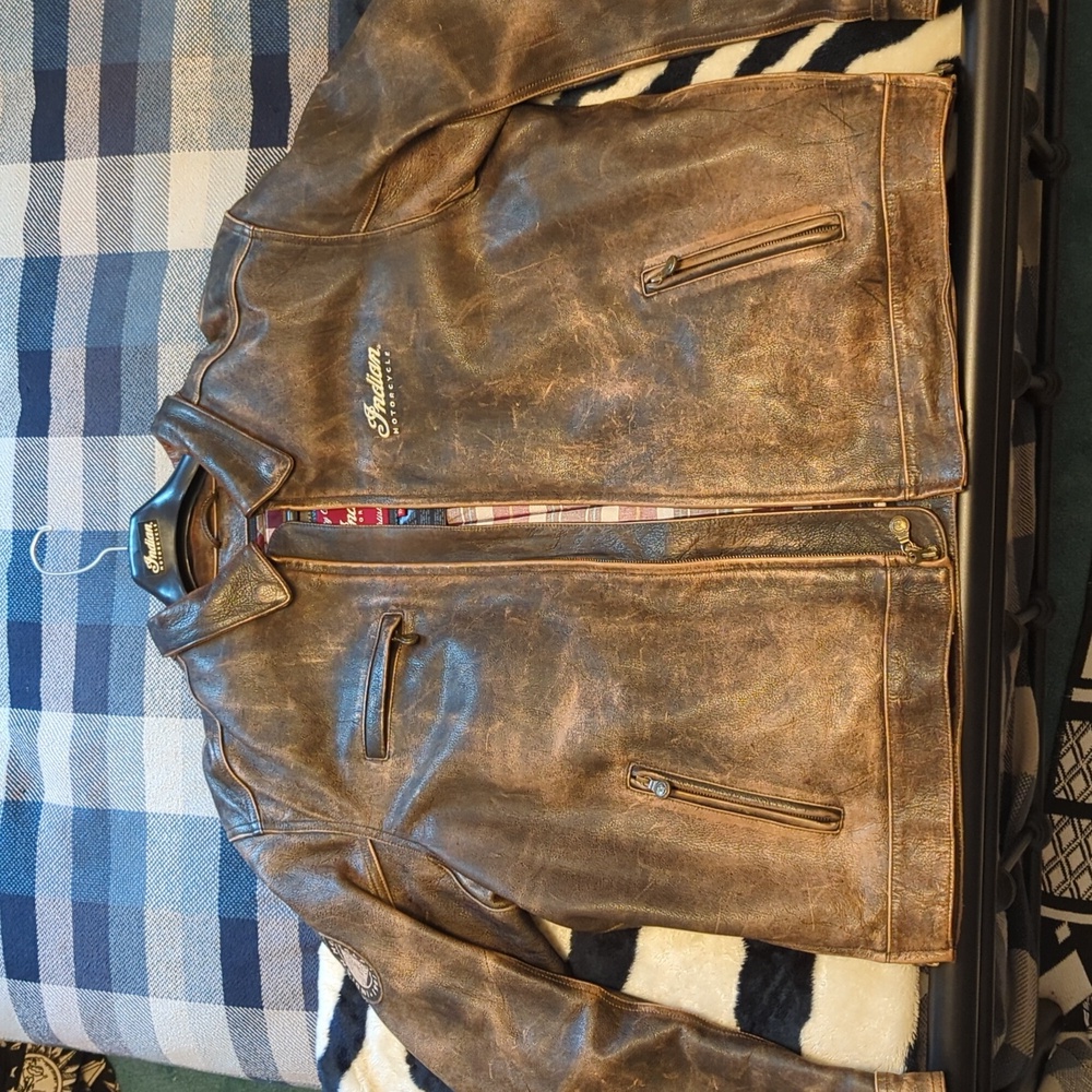 Indian Motorcycle distressed leather riding jacket, 2XL, brown